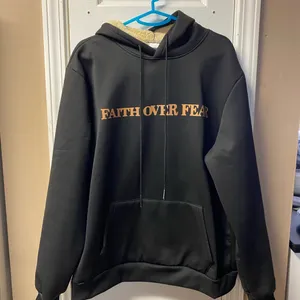 Faith Over Fear Black Oversized Hoodie with Orange Print. Unisex thumbnail 1