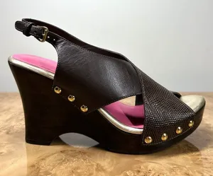 Lilly Pulitzer Callie Brown Leather Studded Wood Platform Wedge Sandals 8M thumbnail 1