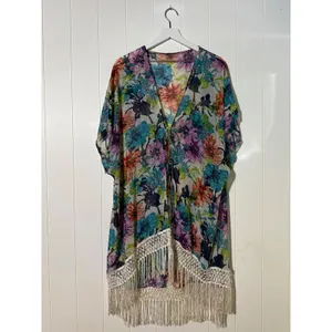 Floral Kimono Cover-Up With Fringe Hem & Tie Closure Multiple Colors M/L thumbnail 3