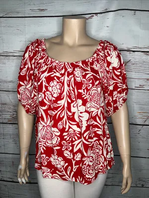 Knox Rose Size XXL Red & Off White Floral Print Off the Shoulder Blouse Top thumbnail 1