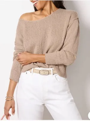 Evereve Naia Off Shoulder Pullover Sweater Slouchy Reverse Seams Taupe Medium thumbnail 1