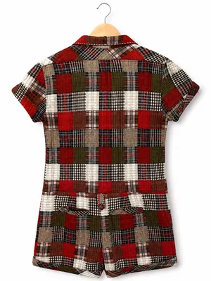 NWT Size M Patchwork Plaid Romper Short Sleeve Fall Boho Jumpsuit country chic thumbnail 2
