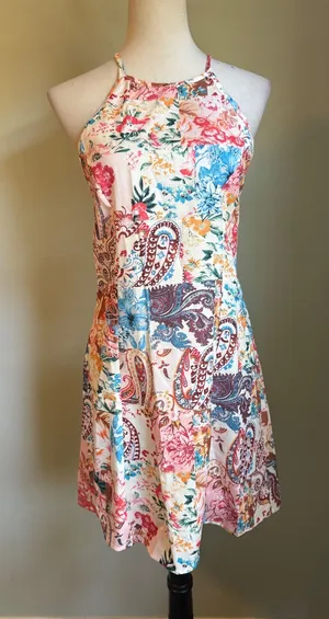 Boho Floral Paisley Patchwork Halter Mini Dress Multi whimsi cottage fairy retro thumbnail 1