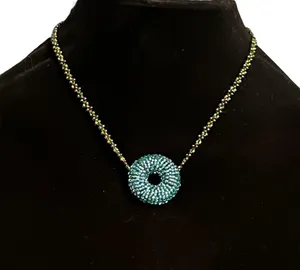 Vintage glass seed bead circle pendant necklace thumbnail 1