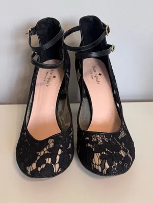 Kate Spade New York Black Lace Ankle Strap Block‎ Heel Pumps 10.5M thumbnail 1