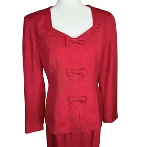 Vintage 90s Liz Claiborne 100% Silk Red Skirt Suit Set Bow Embroidery Size 6‎ thumbnail 2