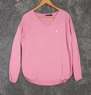 Polo Ralph Lauren High Low V Neck Sweater Womens Pink Cotton Blend Sz M thumbnail 1