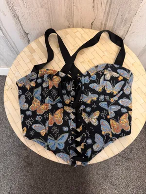 Butterfly Jacquard Tapestry Corset Bustier Crop Top Womens Small Lace Up Front thumbnail 4