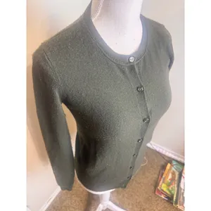 Magashoni Cashmere Cardigan Sweater Olive Green Button Front Crew Neck Womens thumbnail 2