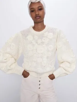 ZARA White Floral Embroidered Puff Sleeve Knit Sweater Blogger Favorite Small thumbnail 1