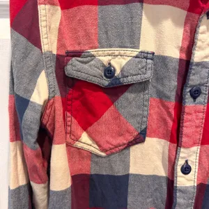 Vans Plaid Flannel Shirt Long Sleeve‎ Button Up Red Blue Cream Mens Large Y2K thumbnail 2