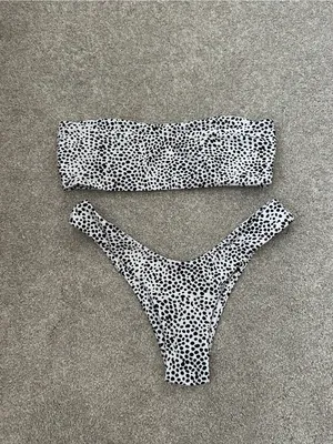White and Black Spotted Bandeau Bikini Set - Women Swim Bikini thumbnail 3
