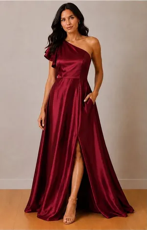 JJs House Burgundy Satin One Shoulder Ruffle Maxi‎ Gown Dress Pockets Size 4 NEW thumbnail 1