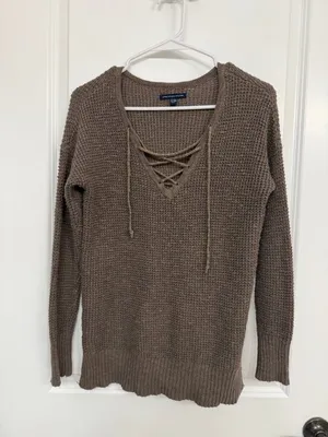 American Eagle Brown Open Knit Lace Up Sweater Women’s Small thumbnail 3
