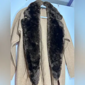 Lord & Taylor 100% Merino Wool Cardigan Coat w/ Fur Collar - Size S petite thumbnail 2