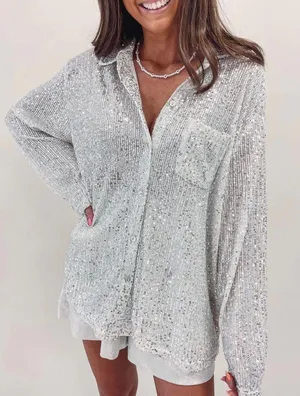 Boutique Indie Collection Silver Sequin Button Down thumbnail 1