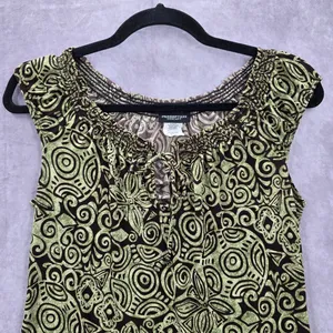 Perseption‎ Concept Brown Green Floral Smock Sleeveless Paisley Swirl Top Small thumbnail 3