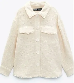 Zara Size S Shacket Jacket Cream Boucle Tweed Cropped Oversized Long Sleeve thumbnail 1