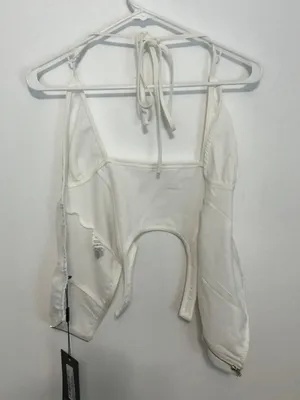 NEW NWT PRETTYLITTLETHING Woven Cross Front Cutout Stirrup Hem Top Cream Ivory 8 thumbnail 14