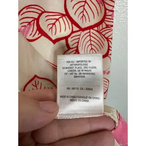 Maeve Anthropologie Pink Red Bird Leaf Print Tie Neck Keyhole Back Blouse Size 8 thumbnail 6