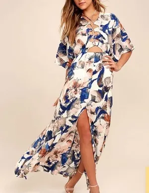 Lulus Loveliest of all White Blue Floral Lace Up Cut Out Maxi Dress Size‎ SMALL thumbnail 1