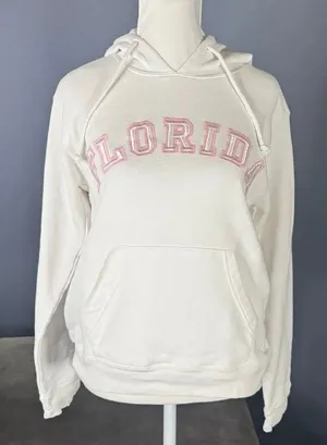 Women’s White Embroidered FLORIDA College Drawstring Hoodie Size S NEW thumbnail 1