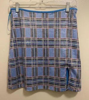 Motel Weaver Womens Mini Skirt L Large Blue Plaid Allover Sequins Waist 32” 34” thumbnail 1