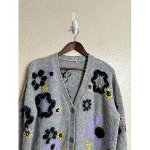 Miu Miu Flower Intarsia Cardigan in Grey Soft Fuzzy Mohair Womans 42/ US 6 thumbnail 3