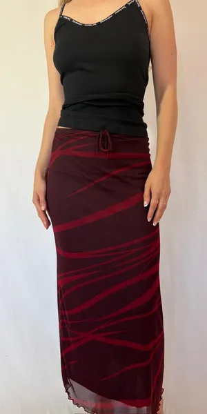 Dark Red Y2K Vintage Mesh Overlay Abstract Maxi Skirt thumbnail 1