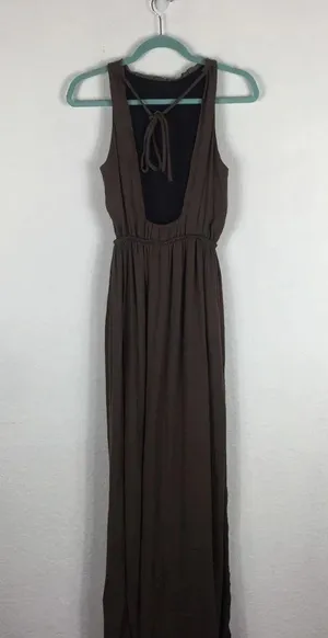 Zara Empire Waist Brown Satin Open Back Slit Maxi Dress Size XS thumbnail 15