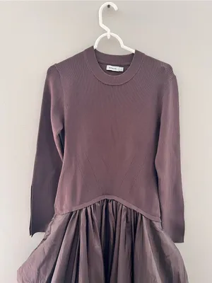 SIMKHAI Kenlie Ribbed Knit Bodice Taffeta Bubble Dress Brown Size Large NWOT thumbnail 6