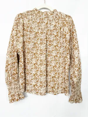 Cleobella Reza Blouse Peasant Tamil Block Print Floral Cotton Boho Brown Ivory thumbnail 4