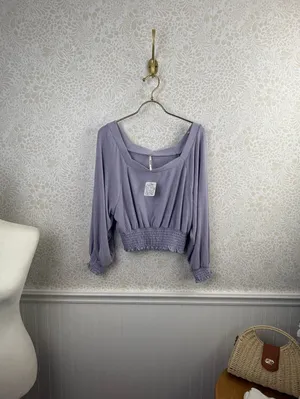 Free People Lilac Purple Golden Smocked Cropped Tee - Size - Medium - NWT thumbnail 2