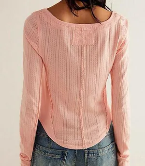 NWT FREE PEOPLE We The Free Eyes On You Pointelle Long Sleeve Top Rose Blush XL thumbnail 3