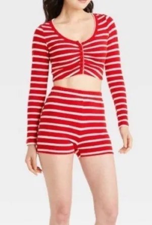 Women's New Colsie red striped cropped pajama lounge set size xl thumbnail 2