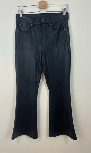 American Eagle Black Faux Leather Super High Rise Flare Pants Size 8 Women's thumbnail 1