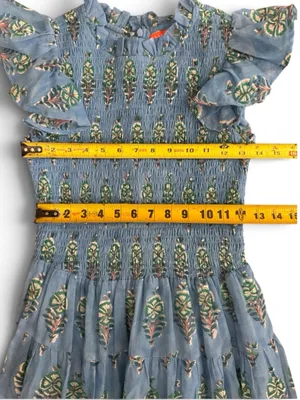 OLIPHANT 100% Cotton Smocked Flirty Ruffle Blue Block Print | Size Small thumbnail 16
