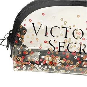 Victorias Secret Sequin Clear Transparent Black Trim Makeup‎ Travel Bag NEW thumbnail 2