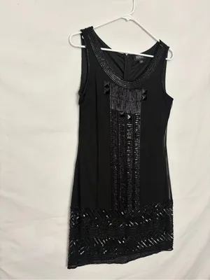 Adrianna Papell Evening Size 4 Black Silk Beaded Sequined Flapper Dress(A918) thumbnail 2
