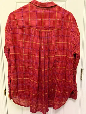 Free People Break My Stride Plaid Gauze Button Up Oversized Boho Festival XS thumbnail 4
