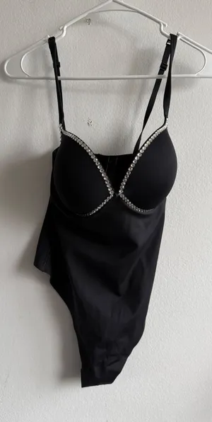 SKIMS Black Rhinestone Underwire Bodysuit‎ Sleeveless Snap Gusset Slim Fit thumbnail 1