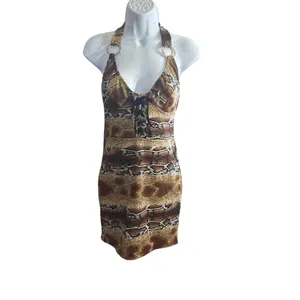 New Women's Switchblade Stiletto Snake-Print 🐍 Lace Up Halter Mini Dress Medium thumbnail 4