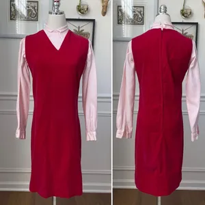 Vintage 60s Red Velveteen Shift Dress Pink Cropped Blouse XS thumbnail 2