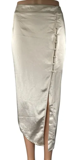 NEW Princess Polly Beige Silk Satin Asymmetric Midi Straight Pencil Slip Skirt 6 thumbnail 1
