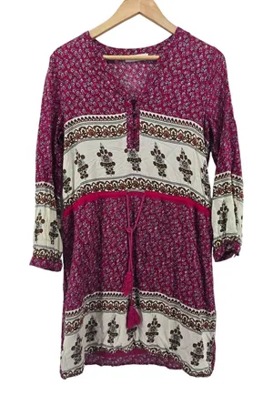 Entro Tunic Dress Womens Small Magenta Floral Boho V-Neck Tassel‎ Mixed Print thumbnail 1
