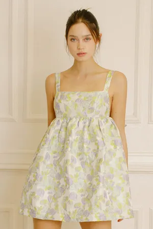 Storia Brocade Print Floral / Leaf Detail Ribbon Strap A-Line Babydoll Dress thumbnail 1