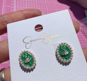 Jessica Simpson Earrings gold tone pearls around green ballerina stubs thumbnail 5