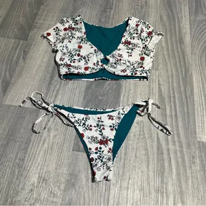 Zaful Teal Green White Floral Swim Suit Bikini Set; Medium thumbnail 1
