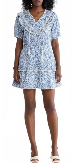 Maisie 100% Cotton Paisley Elastic Waist Mini Dress Blue NWT Small thumbnail 1