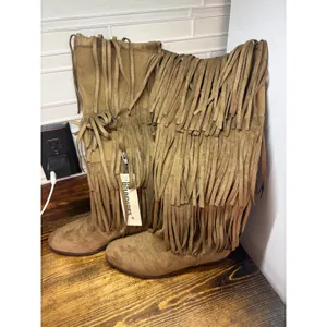 No Boundaries Tan Tall Faux Suede Fringe Boots Size 6 thumbnail 2